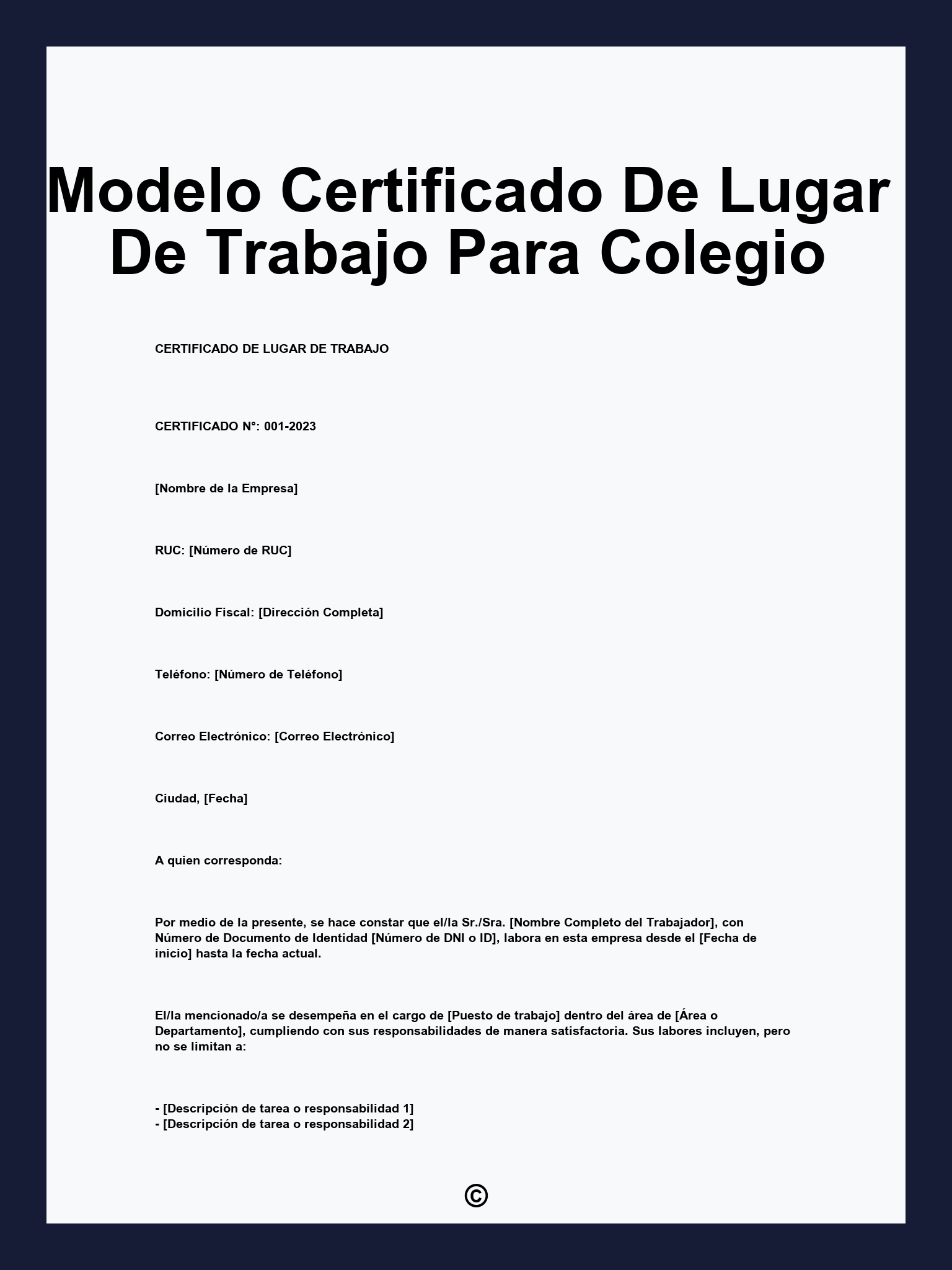 Modelo Certificado De Lugar De Trabajo Para Colegio
