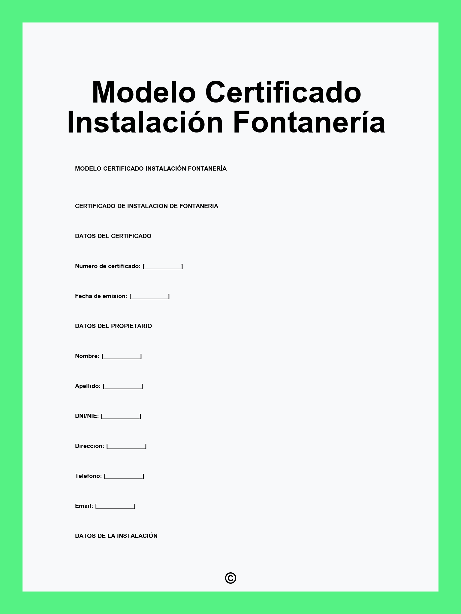 Modelo Certificado Instalación Fontanería
