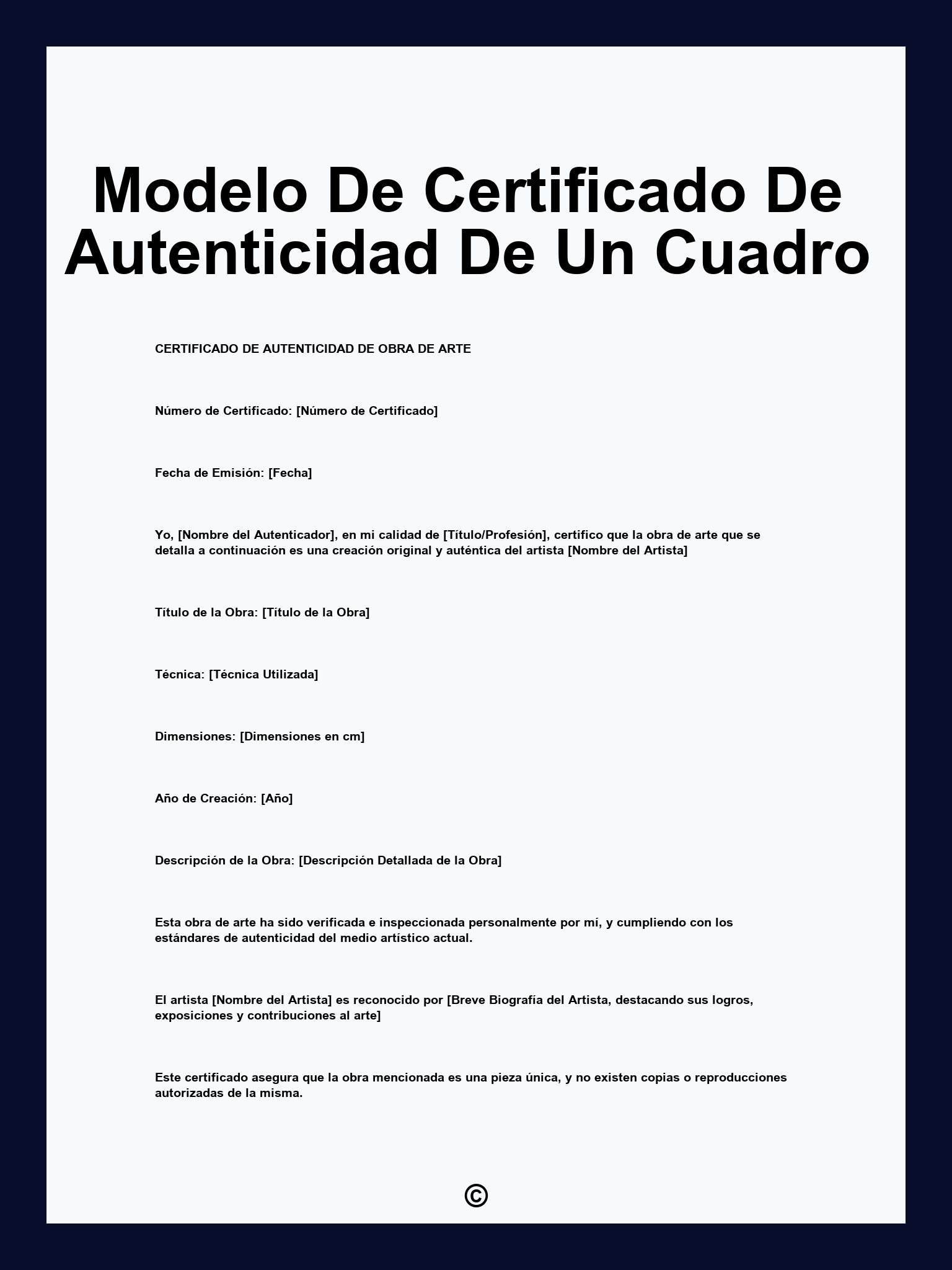 Modelo De Certificado De Autenticidad De Un Cuadro