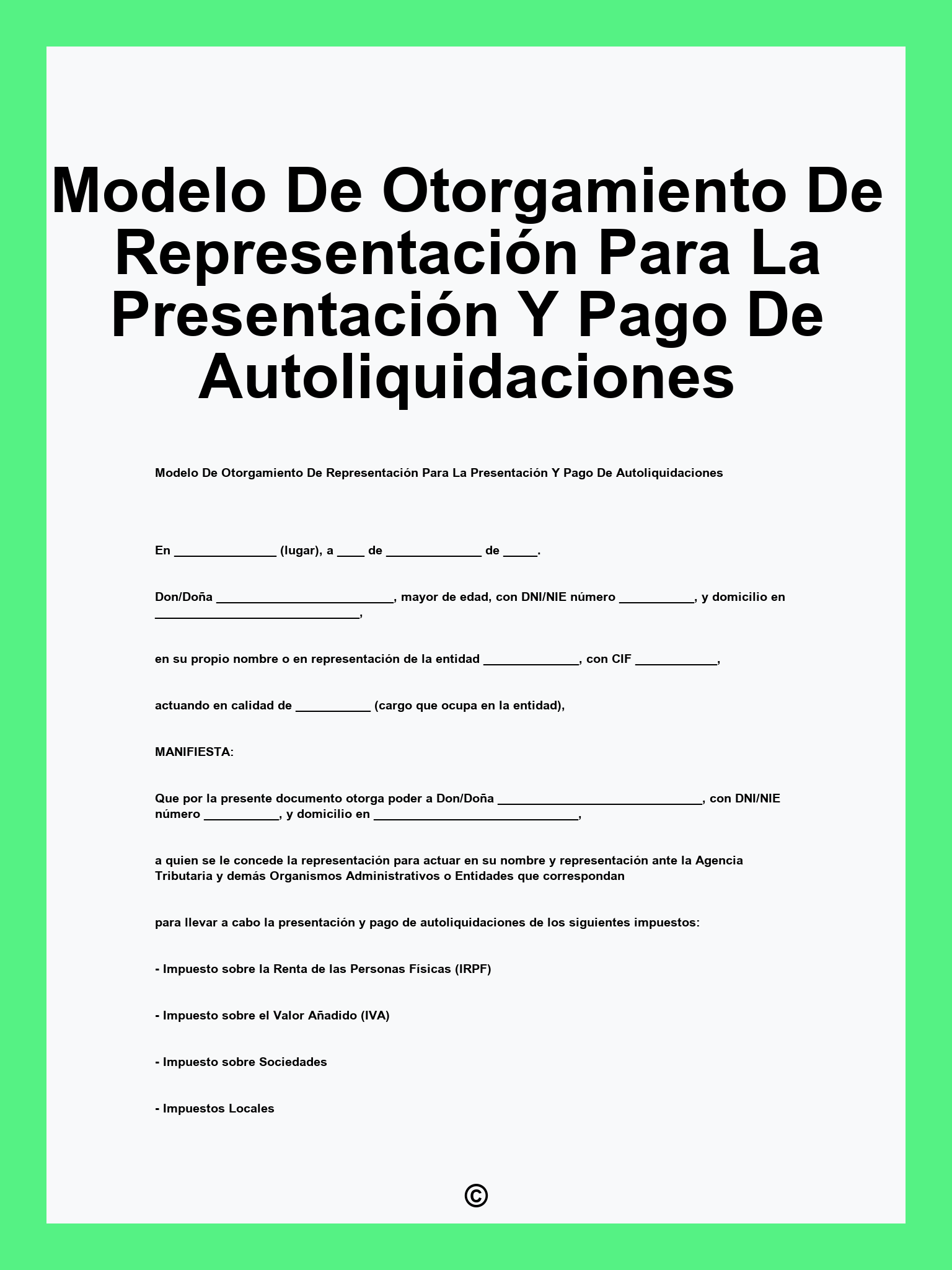 Modelo De Otorgamiento De Representación Para La Presentación Y Pago De Autoliquidaciones